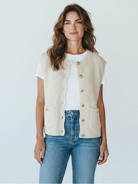 Soho & Stella Cream Sleeveless Button-Front Knit Vest